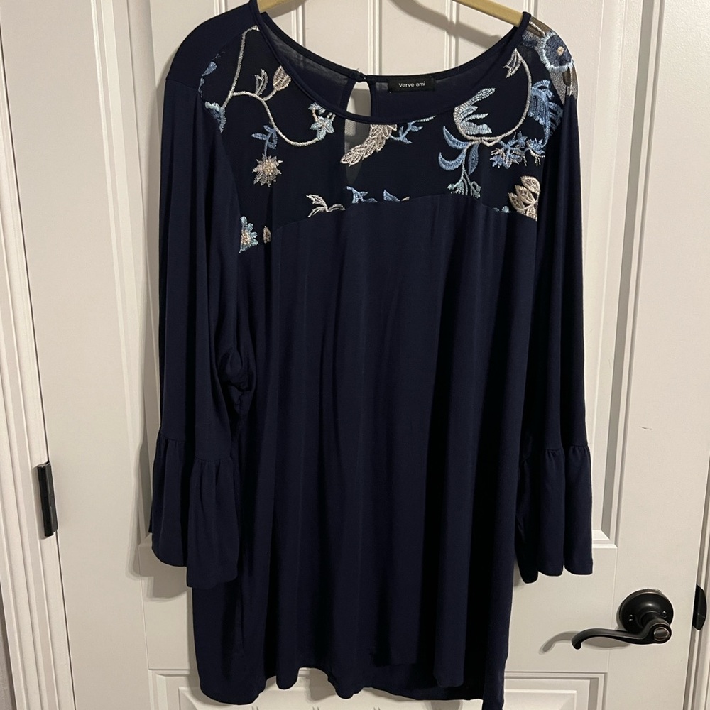 #713. Verve Ami Long Ruffle Sleeve Navy Blue Top with Embroidery Accents.Size 3X